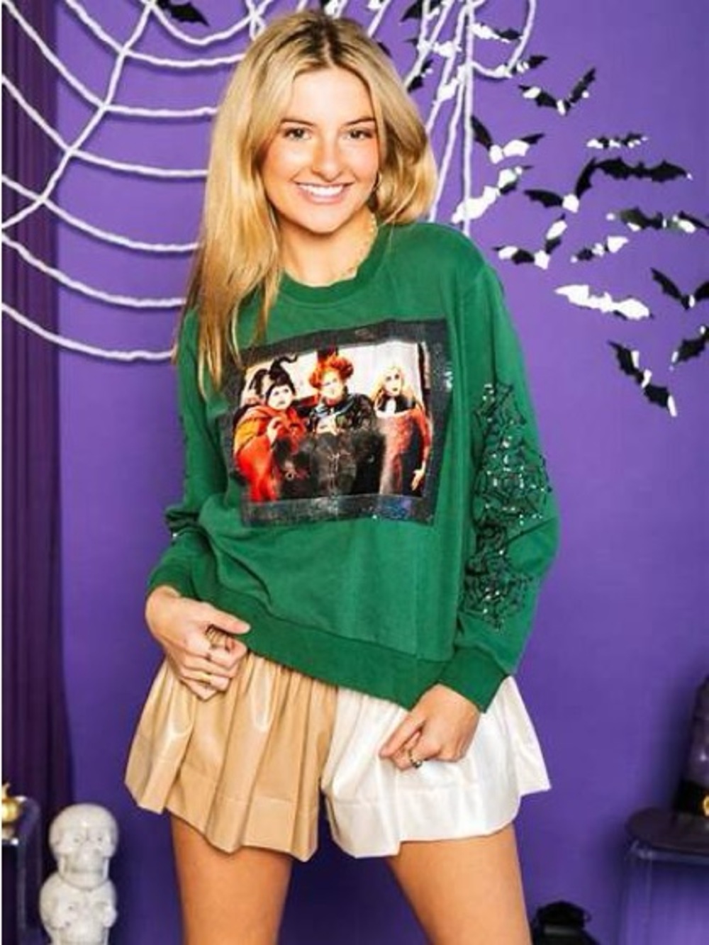 QUEEN OF SPARKLES Hocus Pocus Green Graphic Sweatshirt with Embellished Sleeve